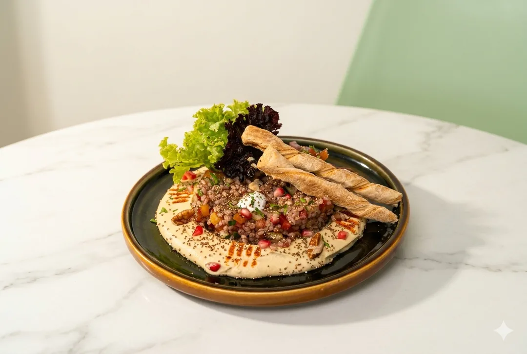 Nutrient-rich ancient grain bowl with amaranth, pearl barley, crisp garden herbs and microgreens.