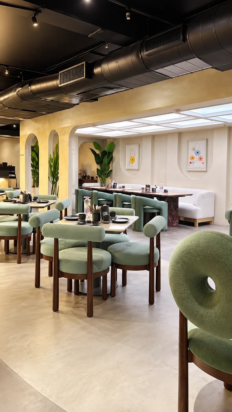 Modern architectural corner showcasing sculptural circular green chairs, warm ochre plaster arches, and indoor palms.