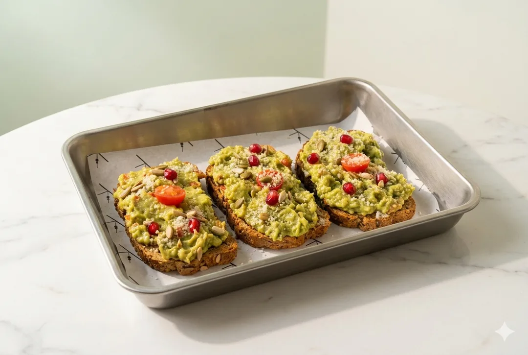 Trio of rustic sourdough toasts topped with creamy avocado mash, ruby pomegranate pearls and toasted sunflower seeds in a vintage tray.