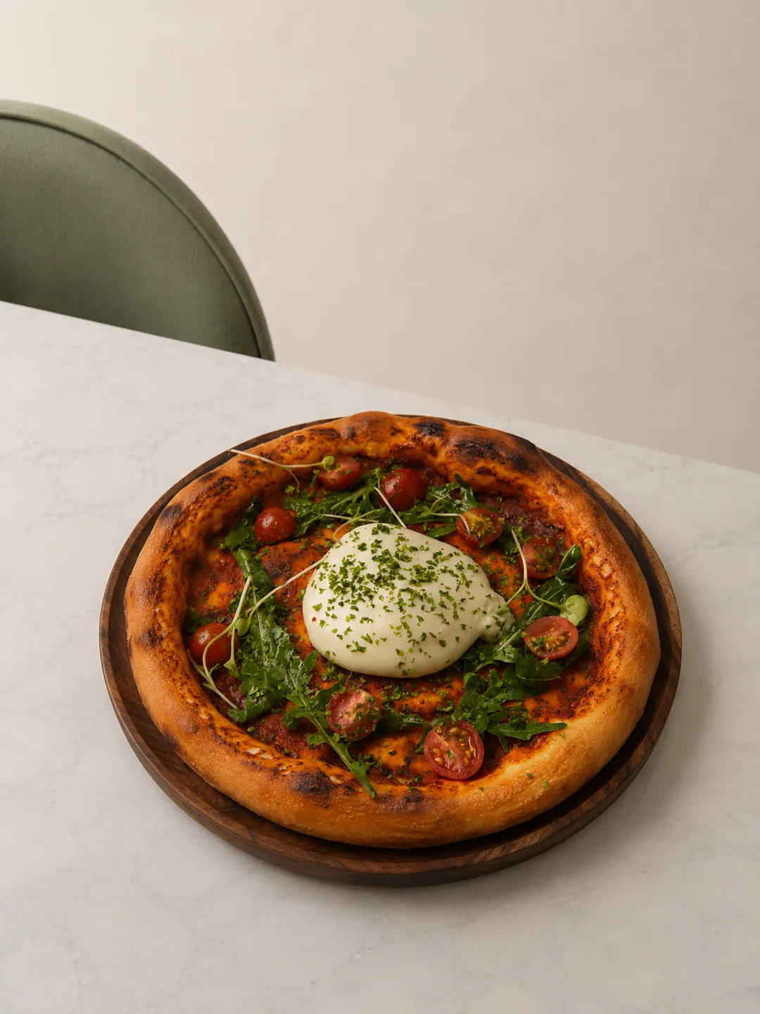 Handcrafted wood-fired Neapolitan pizza with blistered crust, rich pomodoro, wild rocket and whole creamy Italian burrata ball.