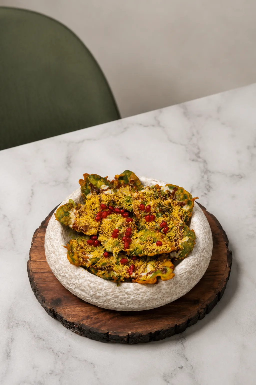 Crispy battered baby spinach leaves layered with spiced churned yogurt, date-tamarind chutney, and pomegranate seeds.