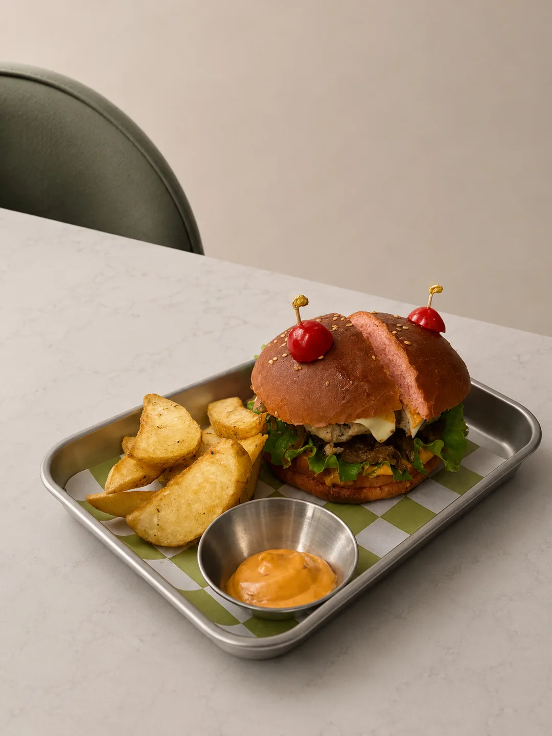 Crispy smashed chicken patty with melted cheese, house aioli and pickles in a toasted artisanal brioche bun.