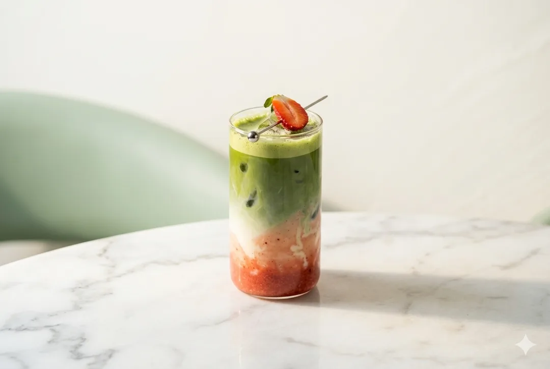 Tri-layer iced artisan beverage with crushed ripe strawberry compote, chilled milk, and ceremonial grade Uji matcha topped with a fresh strawberry skewer.