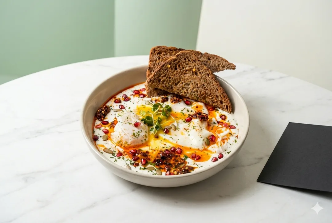Velvety garlic-infused Greek yogurt topped with soft poached eggs, warm Aleppo pepper chili butter, fresh dill, and toasted sourdough.